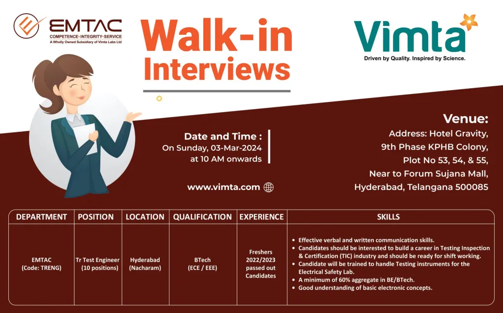 VIMTA Labs Ltd - Walk-In Interview for Multiple Positions for Freshers & Experienced on 3rd Mar 2024